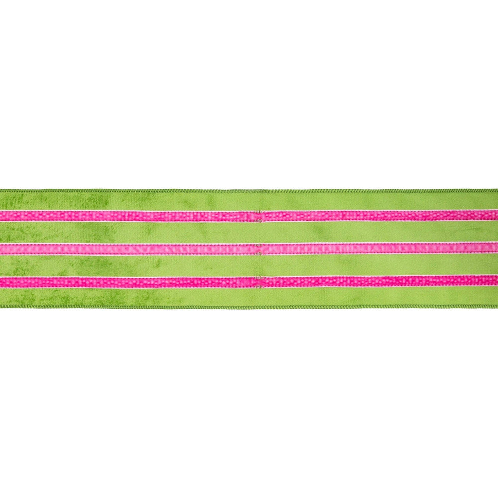 4" Wired Velvet Ribbon w/ Trim | Green w/ Pink Trim | 10 Yard Roll