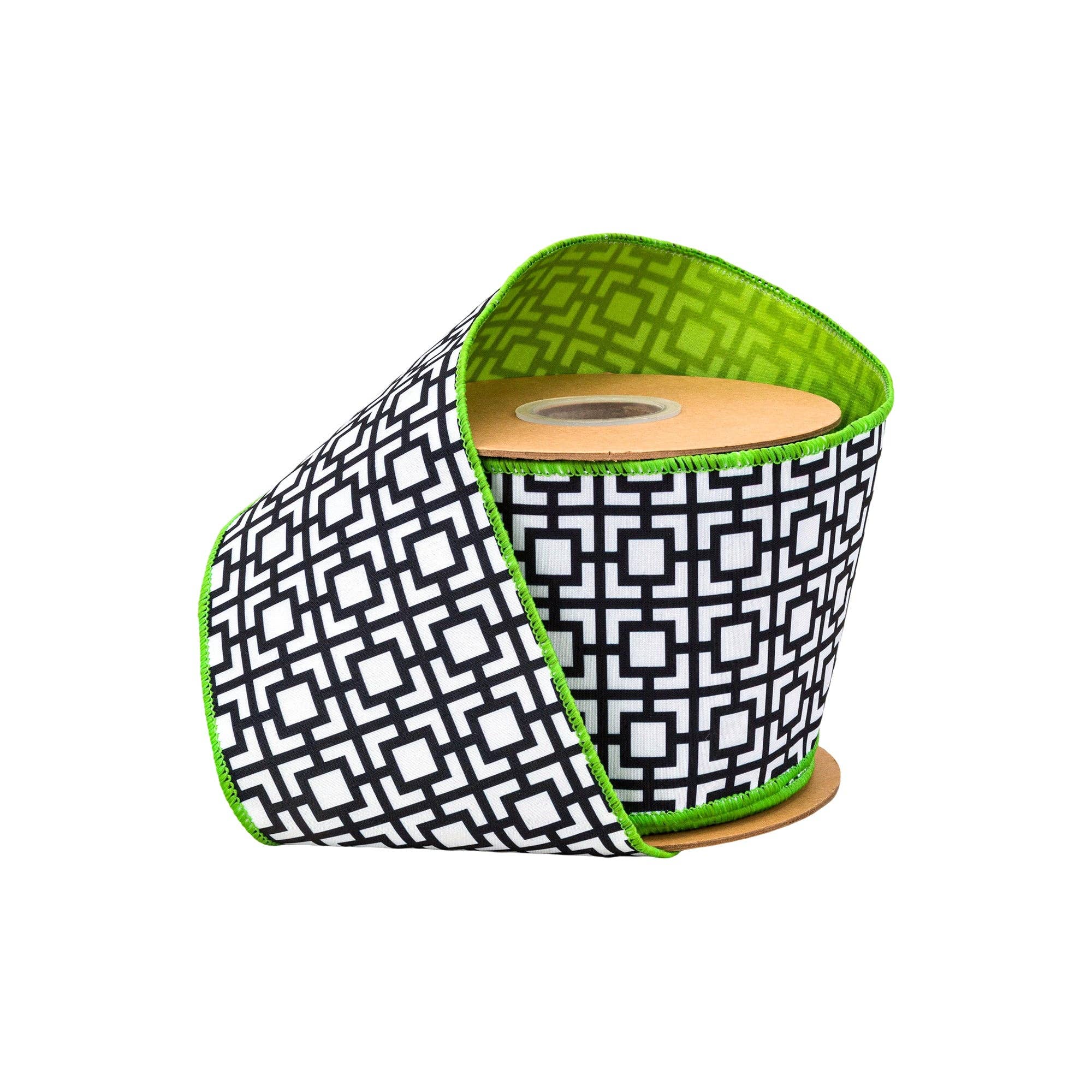 4" Wired Dupioni Ribbon | Black/White Breeze Block w/ Lime Green Backing | 10 Yard Roll