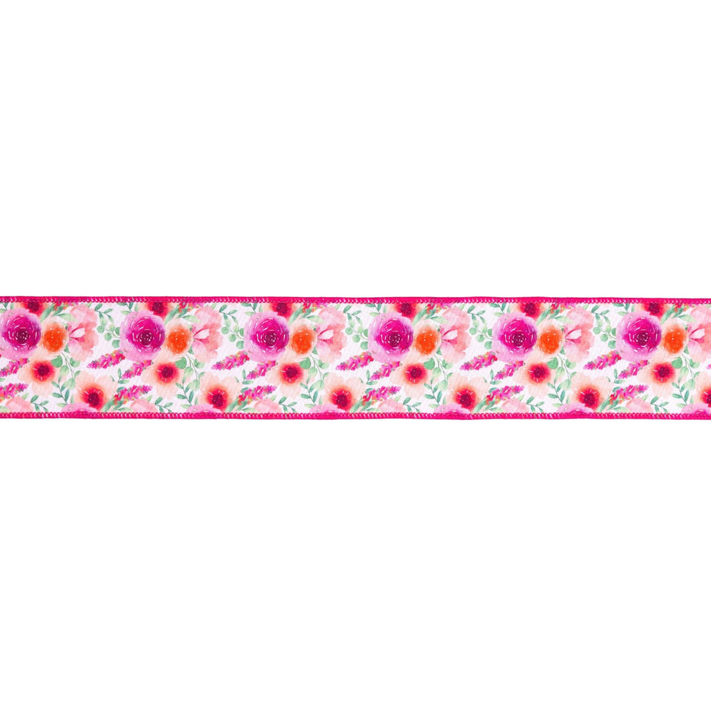 2 1/2" Wired Dupioni Ribbon | Bright Floral Bouquet w/ Pink Backing | 10 Yard Roll