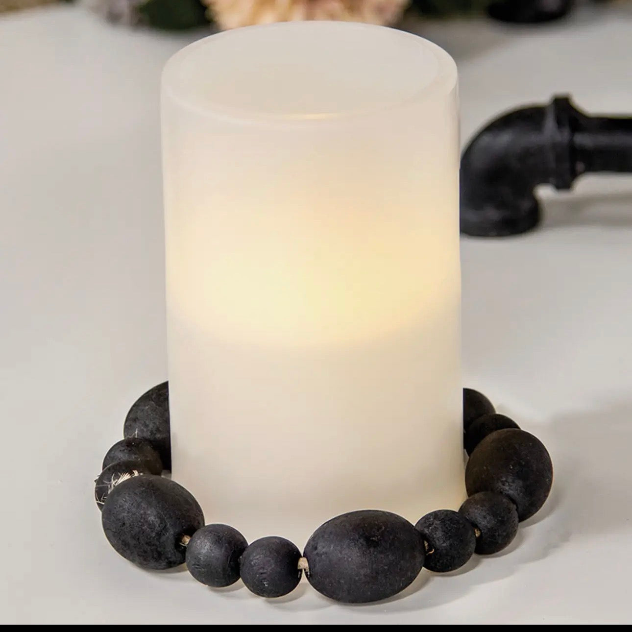 Black distressed Wood Bead Candle Ring