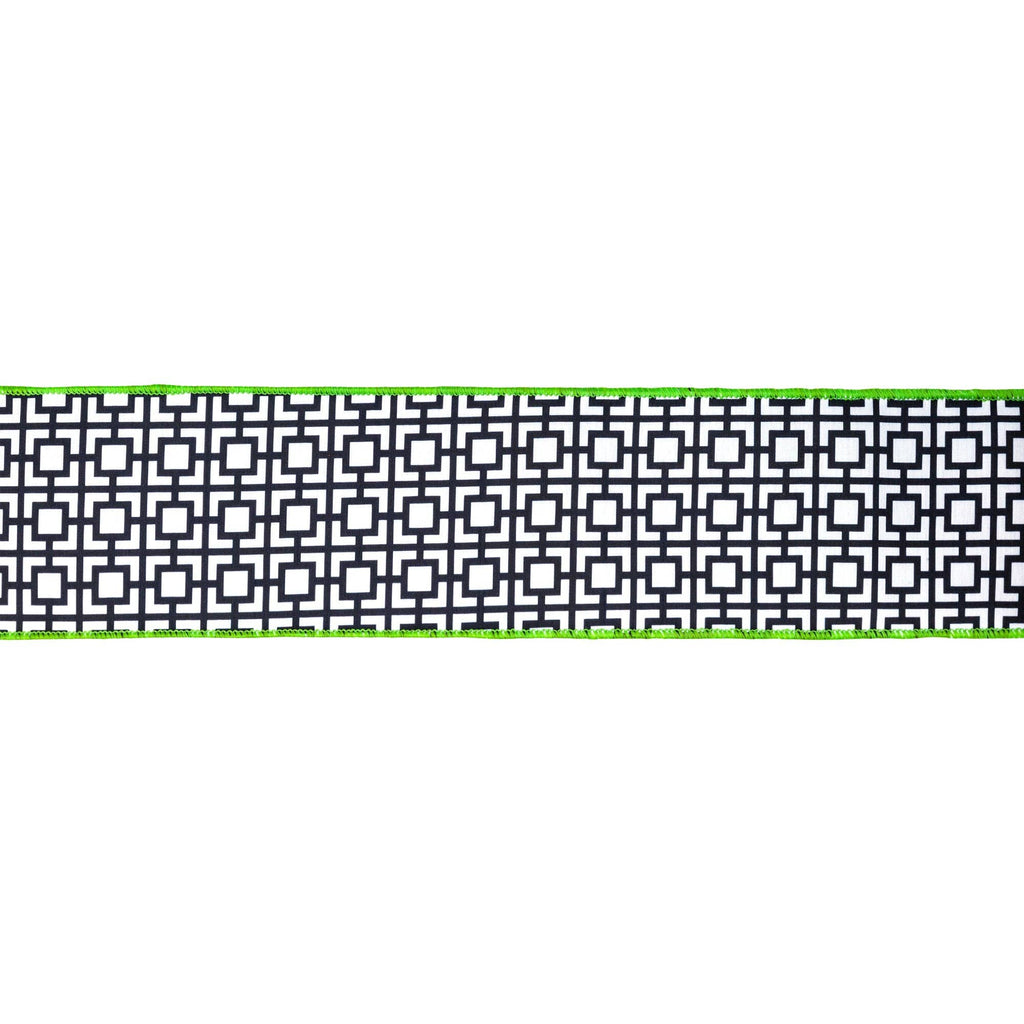 4" Wired Dupioni Ribbon | Black/White Breeze Block w/ Lime Green Backing | 10 Yard Roll