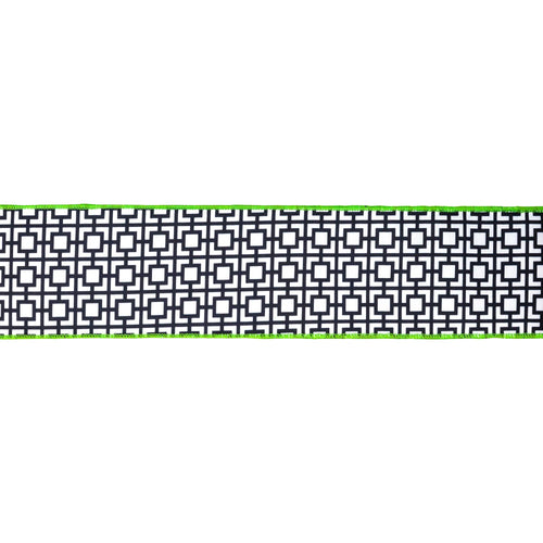 4" Wired Dupioni Ribbon | Black/White Breeze Block w/ Lime Green Backing | 10 Yard Roll