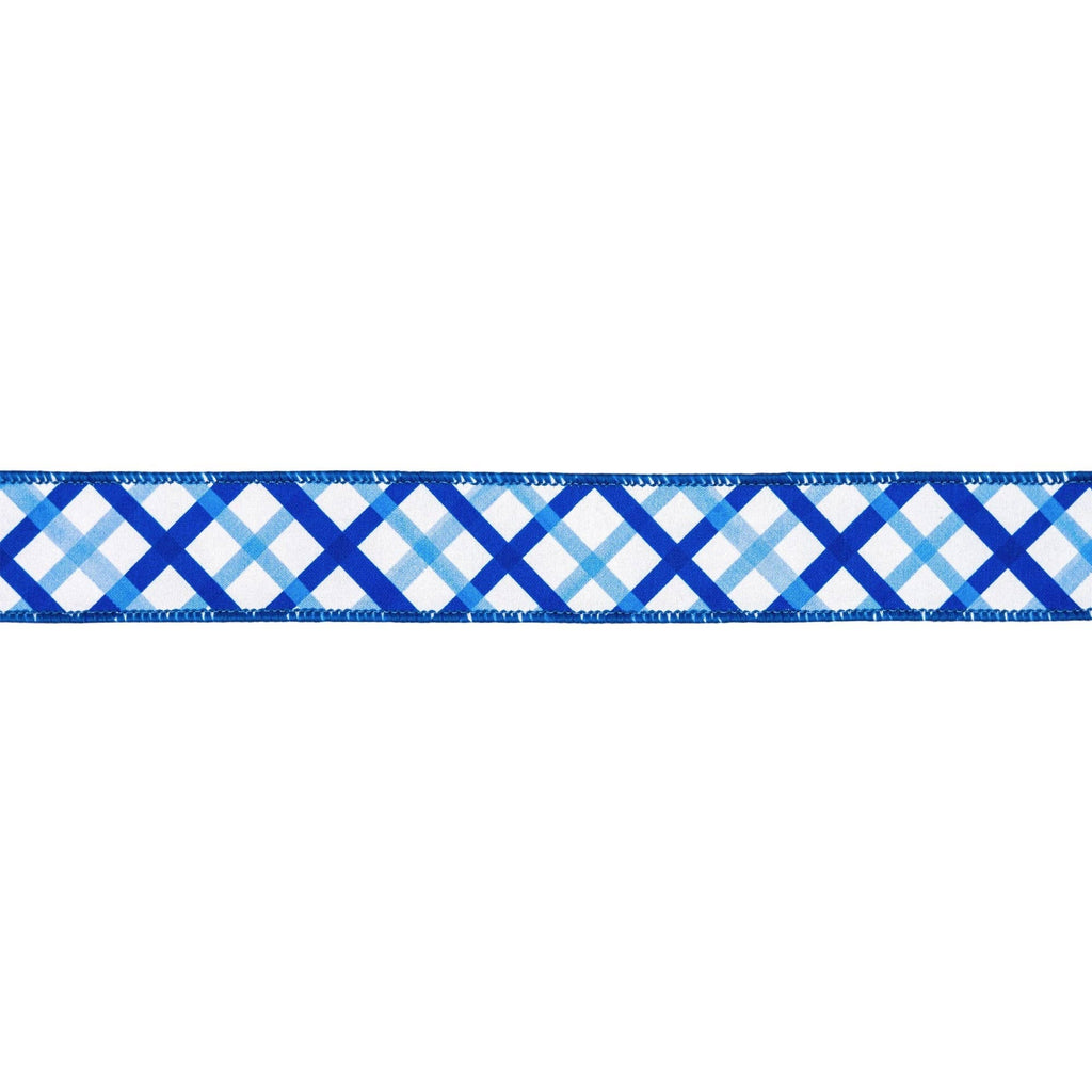 1 1/2" Wired Dupioni Ribbon | Blue and White Decorative Stripe w/ Blue Backing | 10 Yard Roll