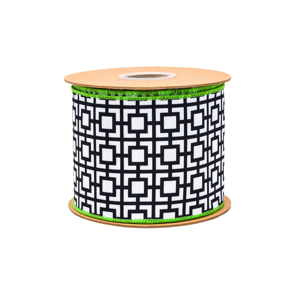 4" Wired Dupioni Ribbon | Black/White Breeze Block w/ Lime Green Backing | 10 Yard Roll